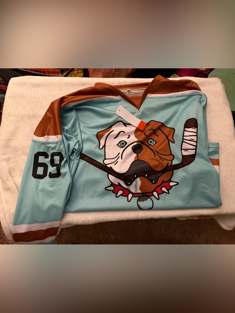 Letterkenney/Shorsey Hockey Jersey in Light Teal and Brown